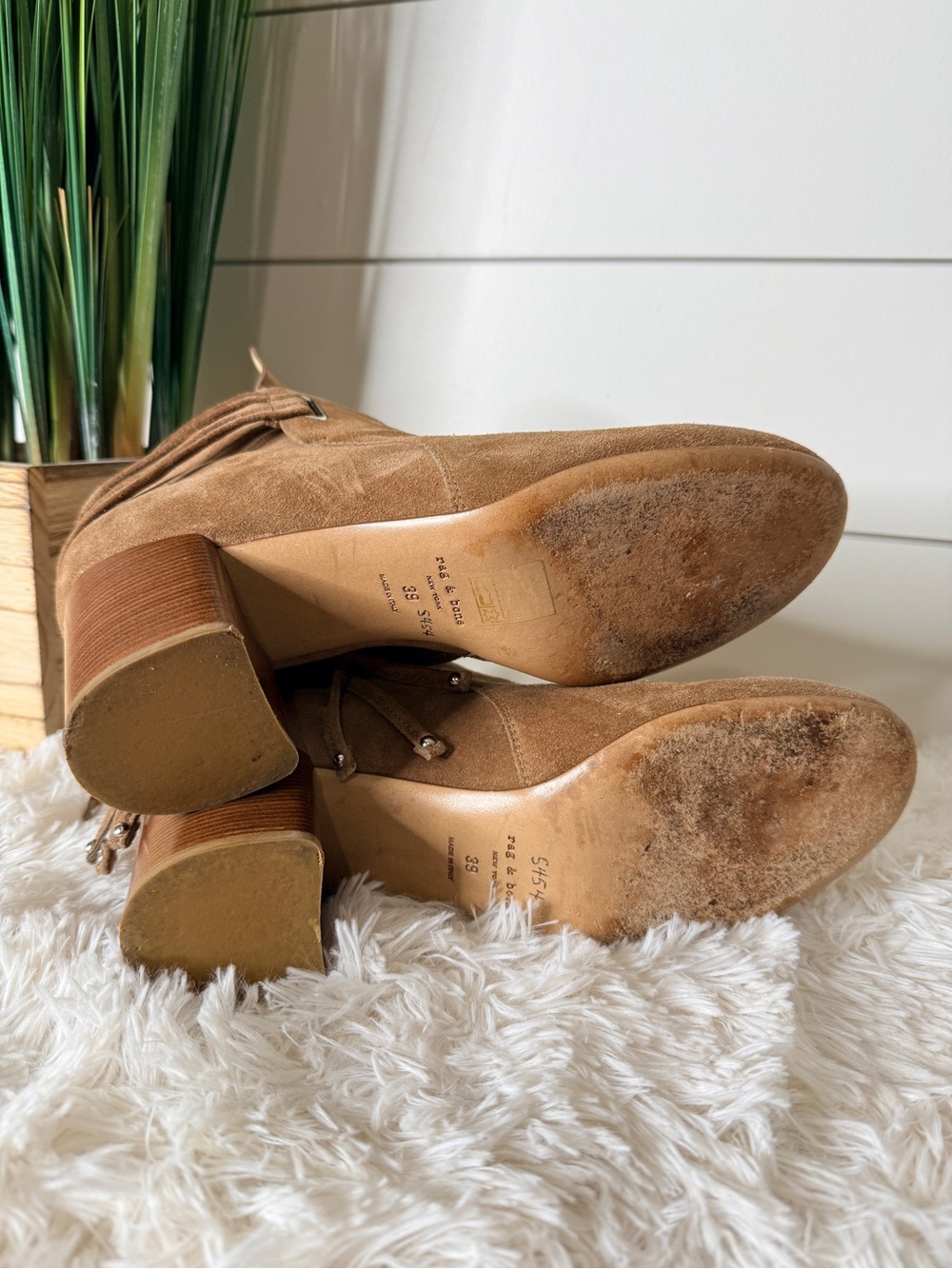 Rag & Bone Dalia II Suede Studded Tassel Tie Chunky Heel Bootie Camel Size 39 - Picture 9 of 10